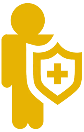Yellow icon of a person holding a shield with a medical cross, symbolizing health protection or insurance.